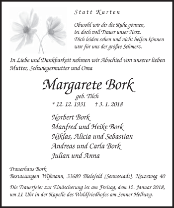 Traueranzeige von Margarete Bork von Neue Westfälische