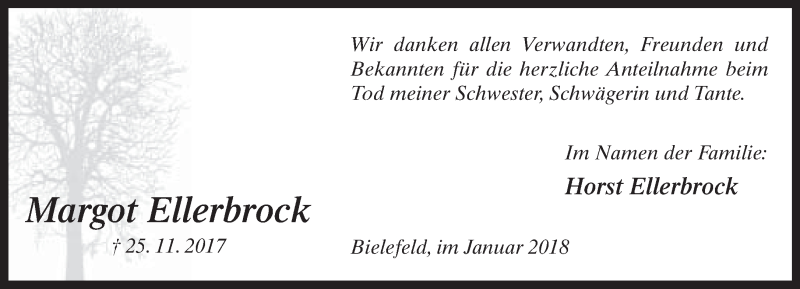  Traueranzeige für Margot Ellerbrock vom 06.01.2018 aus Neue Westfälische