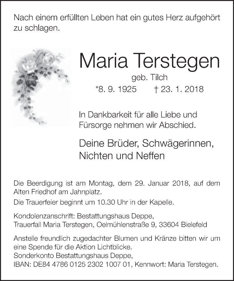  Traueranzeige für Maria Terstegen vom 27.01.2018 aus Neue Westfälische