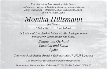 Traueranzeige von Monika Hülsmann von Neue Westfälische