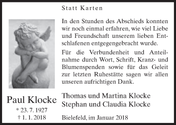 Traueranzeige von Paul Klocke von Neue Westfälische