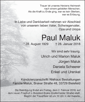 Traueranzeige von Paul Maluk von Neue Westfälische