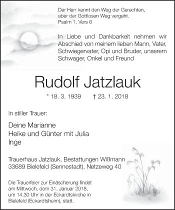 Traueranzeige von Rudolf Jatzlauk von Neue Westfälische