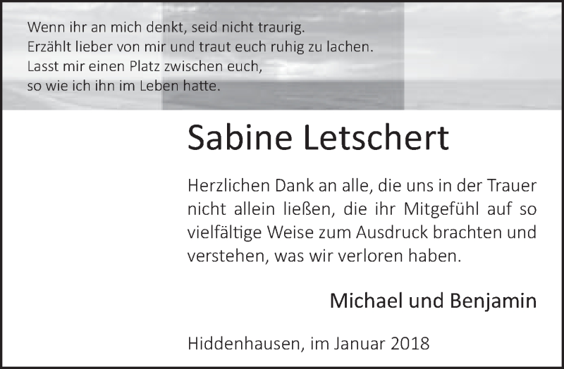  Traueranzeige für Sabine Letschert vom 20.01.2018 aus Neue Westfälische