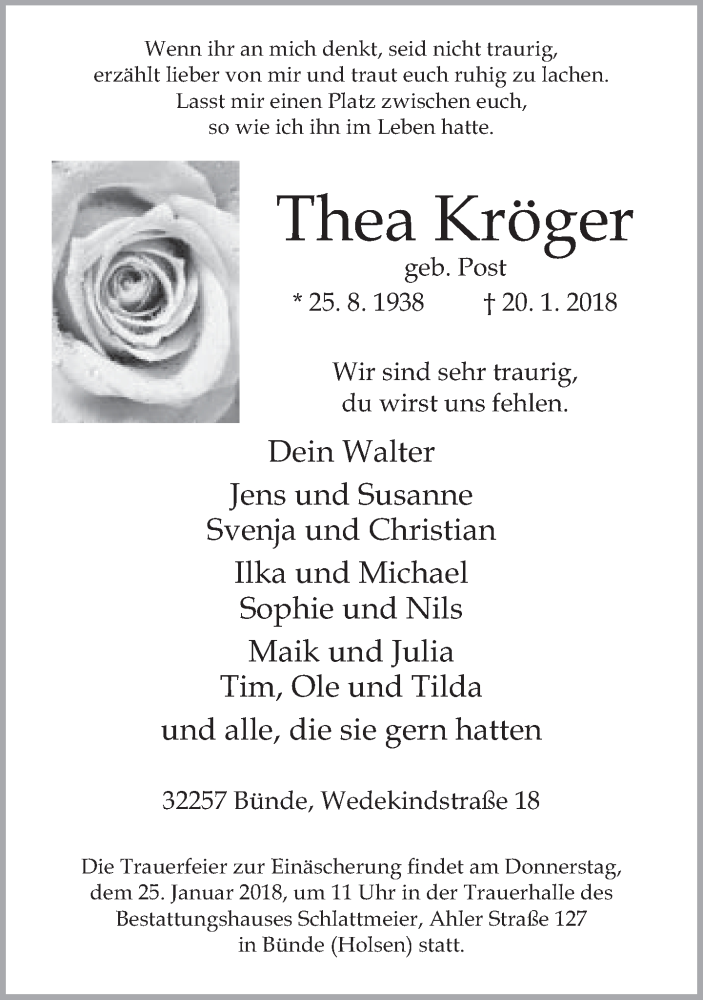  Traueranzeige für Thea Kröger vom 22.01.2018 aus Neue Westfälische