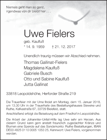 Traueranzeige von Uwe Fielers von Neue Westfälische