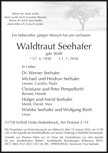 Traueranzeige von Waldtraut Seehafer von Neue Westfälische