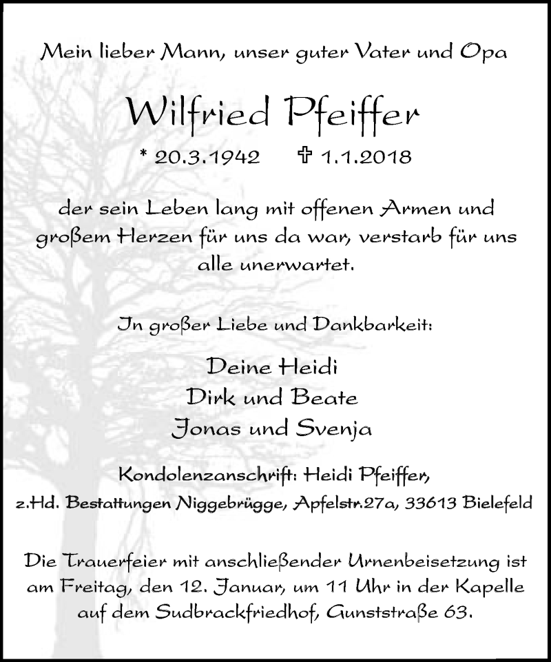  Traueranzeige für Wilfried Pfeiffer vom 05.01.2018 aus Neue Westfälische