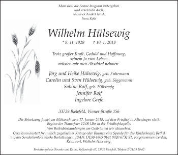 Traueranzeige von Wilhelm Hülsewig von Neue Westfälische