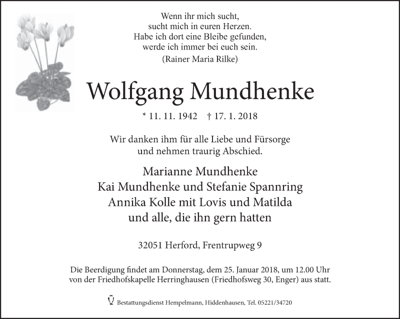  Traueranzeige für Wolfgang Mundhenke vom 20.01.2018 aus Neue Westfälische