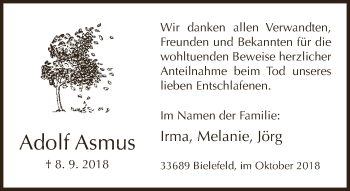 Traueranzeige von Adolf Asmus von Neue Westfälische