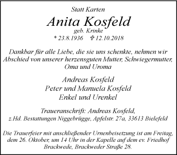 Traueranzeige von Anita Kosfeld von Neue Westfälische