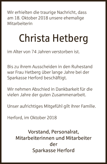 Traueranzeige von Christa Hetberg von Neue Westfälische
