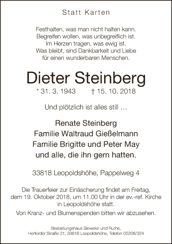 Traueranzeige von Dieter Steinberg von Neue Westfälische