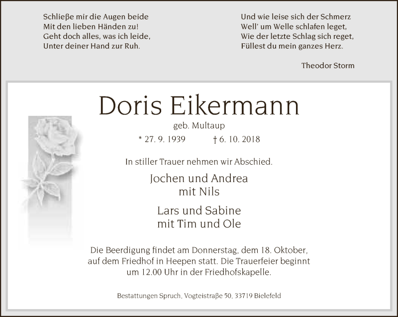  Traueranzeige für Doris Eikermann vom 13.10.2018 aus Neue Westfälische