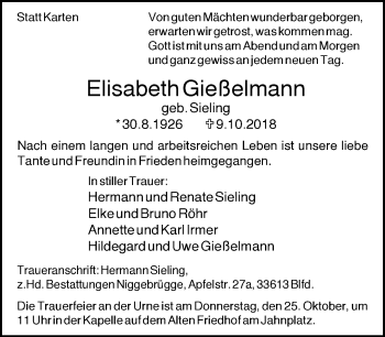 Traueranzeige von Elisabeth Gießelmann von Neue Westfälische