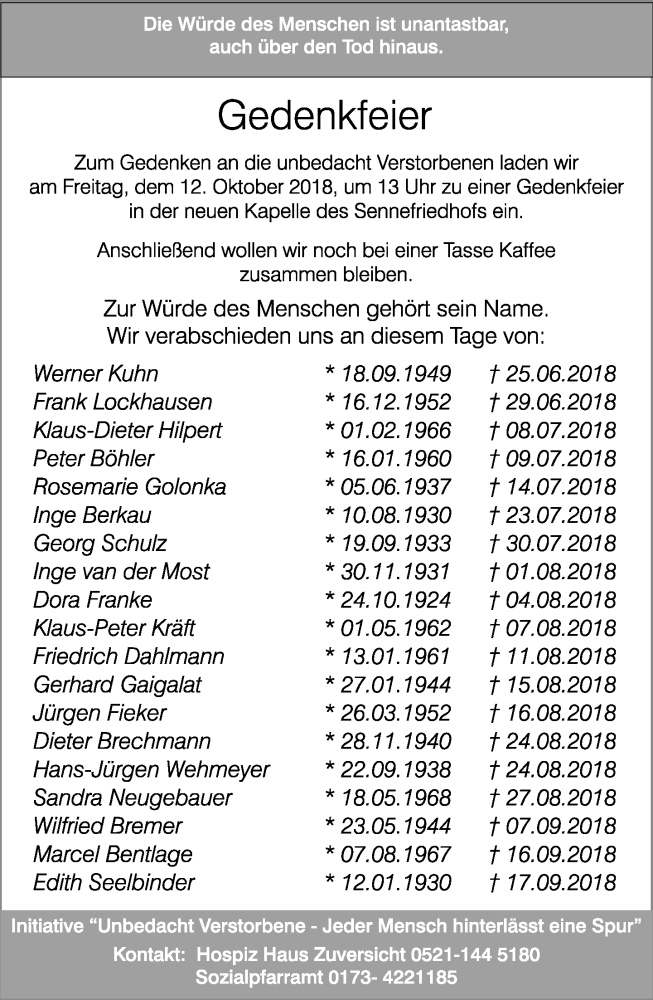  Traueranzeige für Gedenkfeier  vom 06.10.2018 aus Neue Westfälische