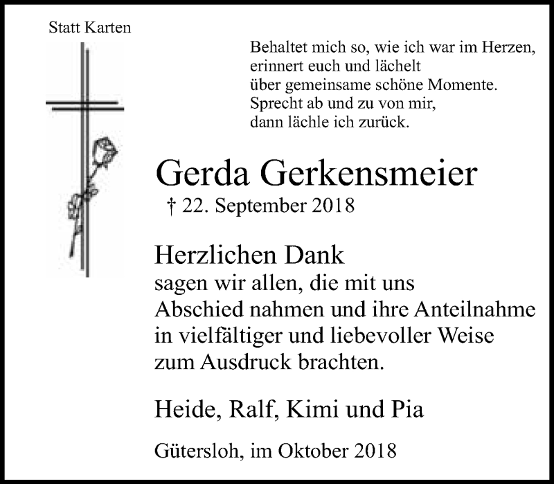  Traueranzeige für Gerda Gerkensmeier vom 24.10.2018 aus Neue Westfälische