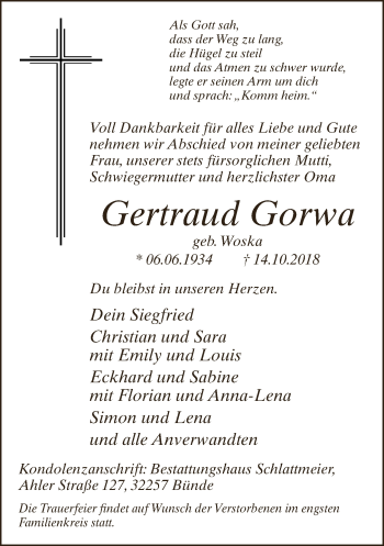 Traueranzeige von Gertraud Gorwa von Neue Westfälische