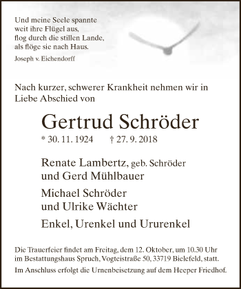 Traueranzeige von Gertrud Schröder von Neue Westfälische