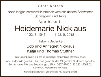 Traueranzeige von Heidemarie Nicklaus von Neue Westfälische