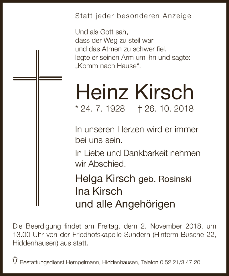  Traueranzeige für Heinz Kirsch vom 29.10.2018 aus Neue Westfälische