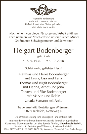 Traueranzeige von Helgart Bodenberger von Neue Westfälische