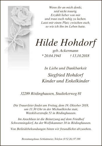 Traueranzeige von Hilde Hohdorf von Neue Westfälische