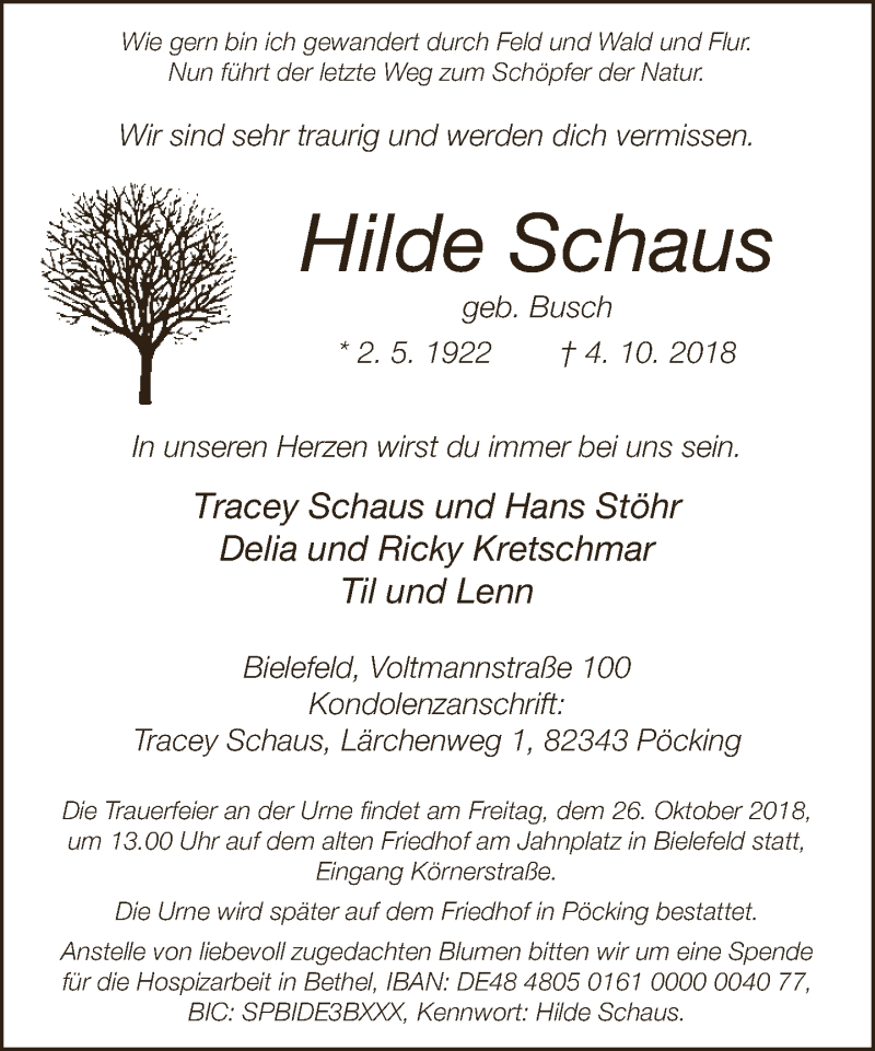  Traueranzeige für Hilde Schaus vom 13.10.2018 aus Neue Westfälische