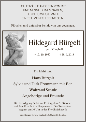 Traueranzeige von Hildegard Bürgelt von Neue Westfälische