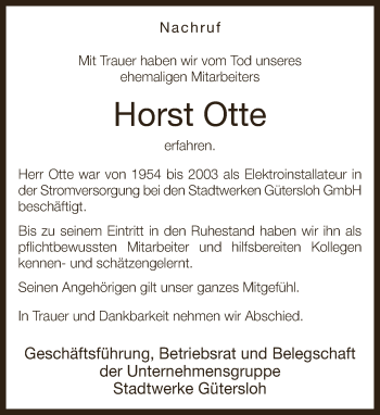 Traueranzeige von Horst Otte von Neue Westfälische