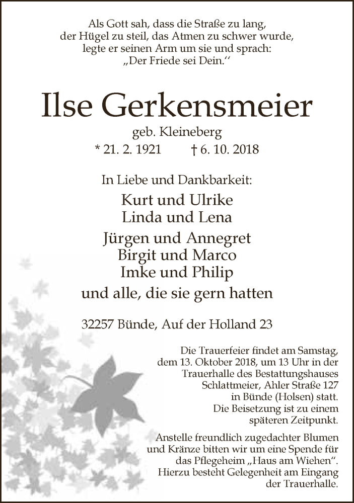  Traueranzeige für Ilse Gerkensmeier vom 09.10.2018 aus Neue Westfälische