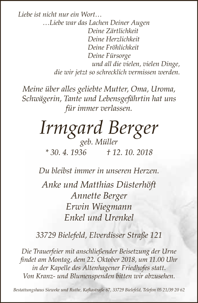  Traueranzeige für Irmgard Berger vom 17.10.2018 aus Neue Westfälische