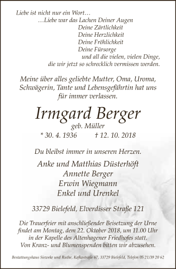 Traueranzeige von Irmgard Berger von Neue Westfälische