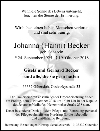 Traueranzeige von Johanna Hanni Becker von Neue Westfälische
