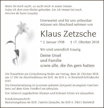 Traueranzeige von Klaus Zetzsche von Neue Westfälische