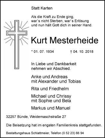 Traueranzeige von Kurt Mesterheide von Neue Westfälische