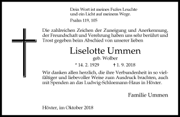 Traueranzeige von Lieselotte Ummen von Neue Westfälische