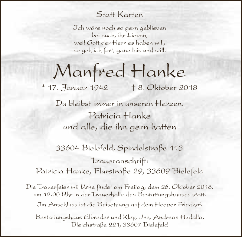  Traueranzeige für Manfred Hanke vom 20.10.2018 aus Neue Westfälische