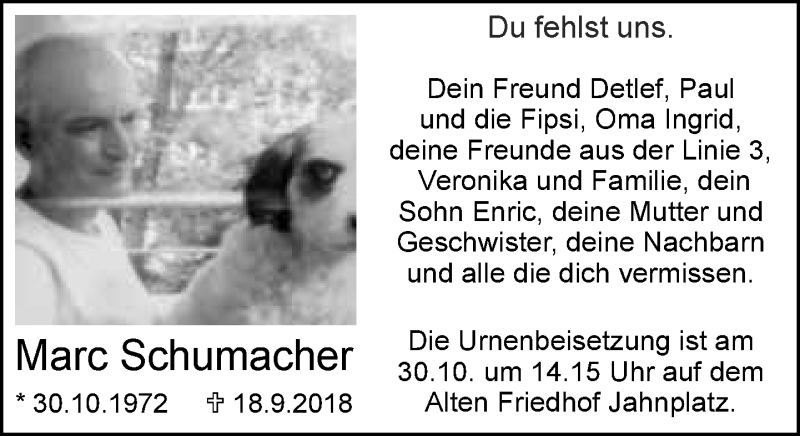  Traueranzeige für Marc Schumacher vom 20.10.2018 aus Neue Westfälische