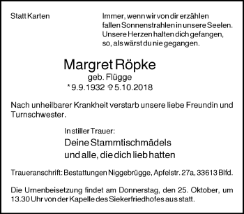Traueranzeige von Margret Röpke von Neue Westfälische