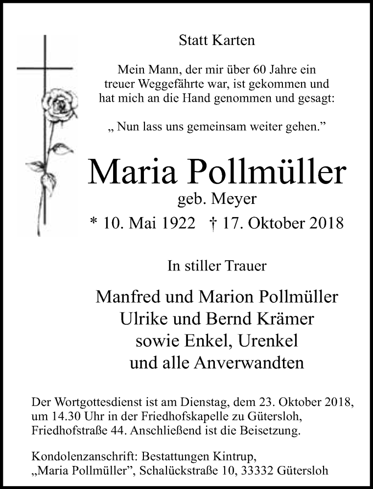  Traueranzeige für Maria Pollmüller vom 19.10.2018 aus Neue Westfälische