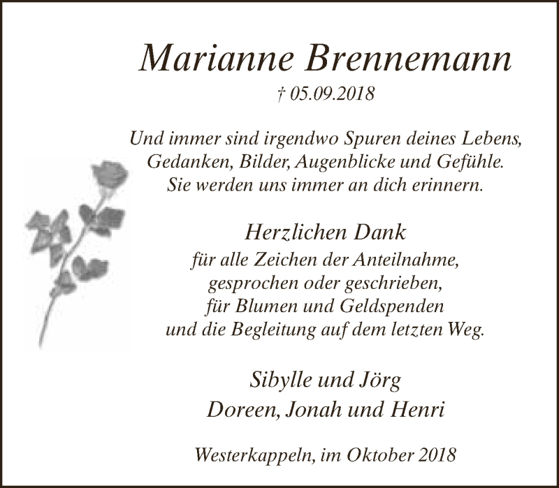  Traueranzeige für Marianne Brennemann vom 11.10.2018 aus Neue Westfälische