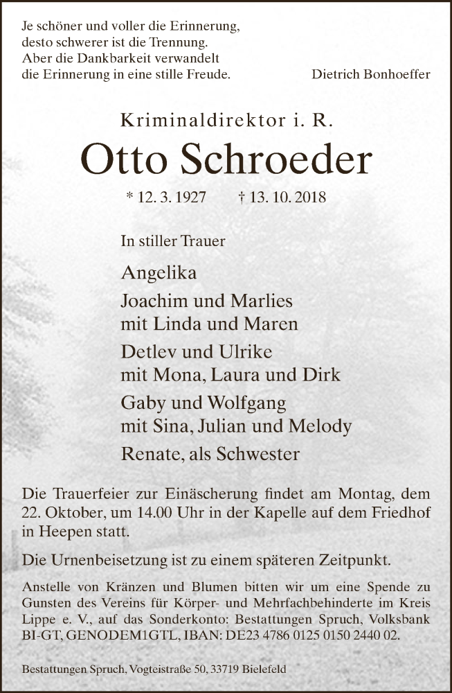  Traueranzeige für Otto Schroeder vom 17.10.2018 aus Neue Westfälische