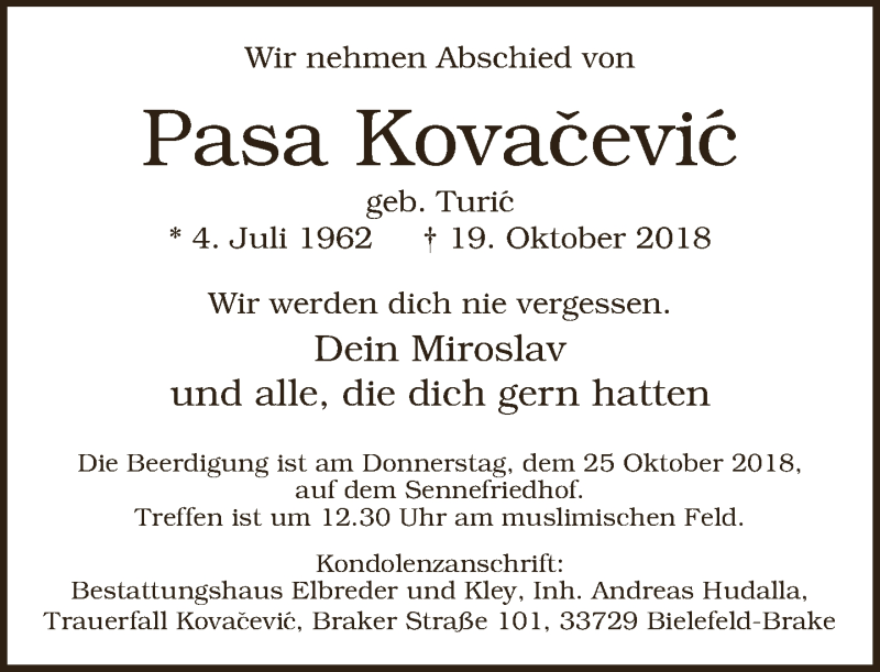  Traueranzeige für Pasa Kovacevic vom 23.10.2018 aus Neue Westfälische
