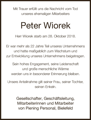 Traueranzeige von Peter Wiorek von Neue Westfälische