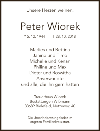 Traueranzeige von Peter Wiorek von Neue Westfälische