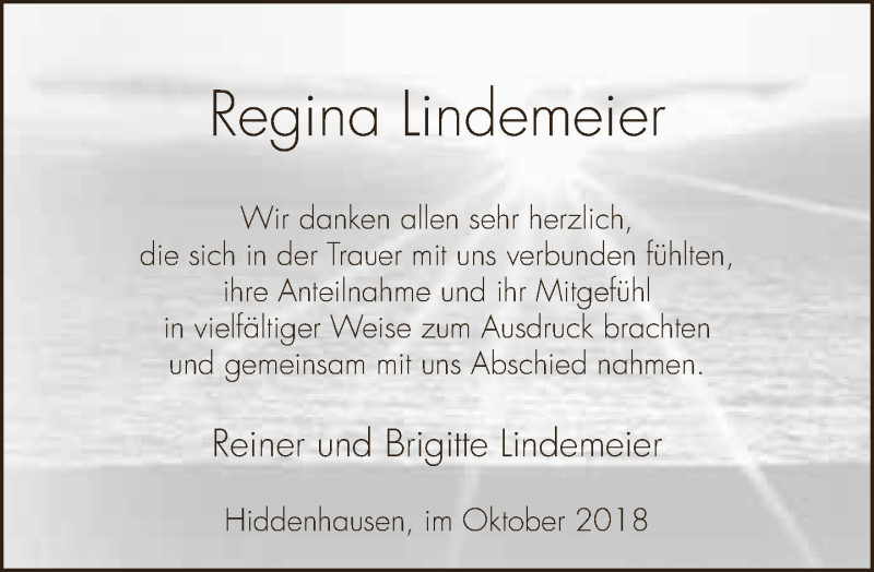  Traueranzeige für Regina Lindemeier vom 20.10.2018 aus Neue Westfälische
