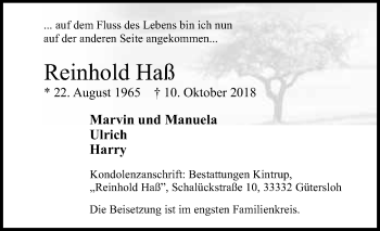 Traueranzeige von Reinhold Haß von Neue Westfälische