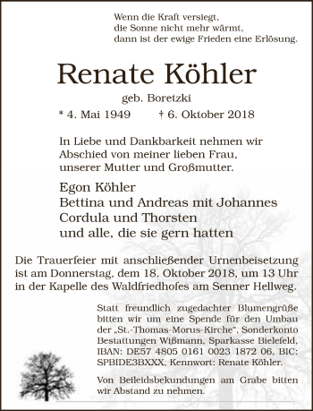 Traueranzeige von Renate Köhler von Neue Westfälische